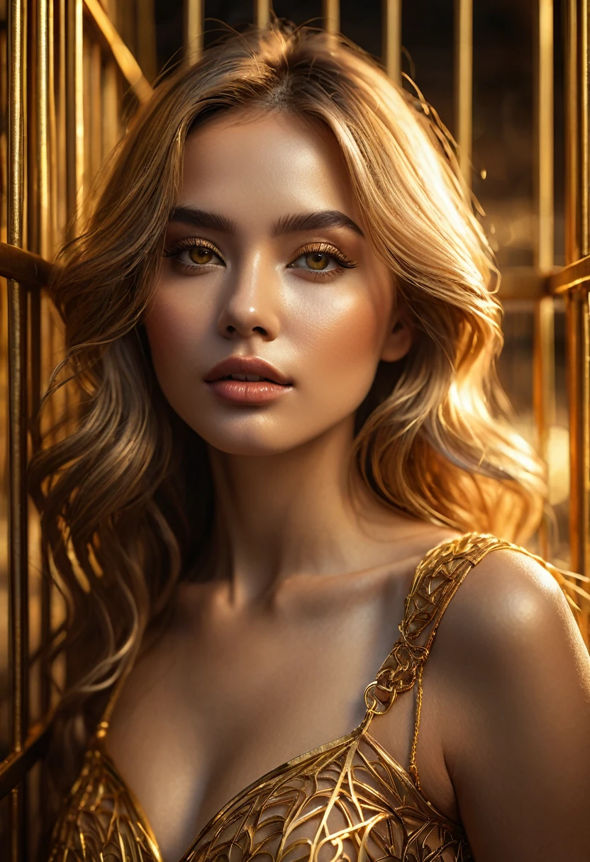 1 woman, inside a golden cage, wearing elegant gold, detailed facial features, beautiful golden eyes, detailed golden colored skin, long golden detailed hair, strong expression, dramatic lighting, cinematic composition, warm color palette, atmospheric fog, (best quality,4K,8K,high resolution,Artwork:1.2),ultra-detailed,(realistic,photorealistic,photo-realistic:1.37), 8K, extremely detailed, (high quality, realistic, photorealistic:1.37), ideal proportions and defined skin, meticulously crafted features, unapproachable beauty, perfection, artistic artistry, vivid realism, hyper-detailed sculpting, realistic shapes, truly awe-inspiring, impeccable craftsmanship, pure brilliance, ethereal beauty, delicate contours, striking poses, golden skin, skin literally made of gold, sublime beauty, subtle nuances, dynamic compositions, vibrant colors, perfect lighting, moving expressions, heavenly aura, majestic presence, dreamlike atmosphere, detailed high-octane rendering trend unmatched on artstation, 8k art photography, photorealistic concept art, cinematic volumetric soft natural light, chiaroscuro, award winning photography, fine art, oil on canvas, beautiful, detailed, intricate, insane