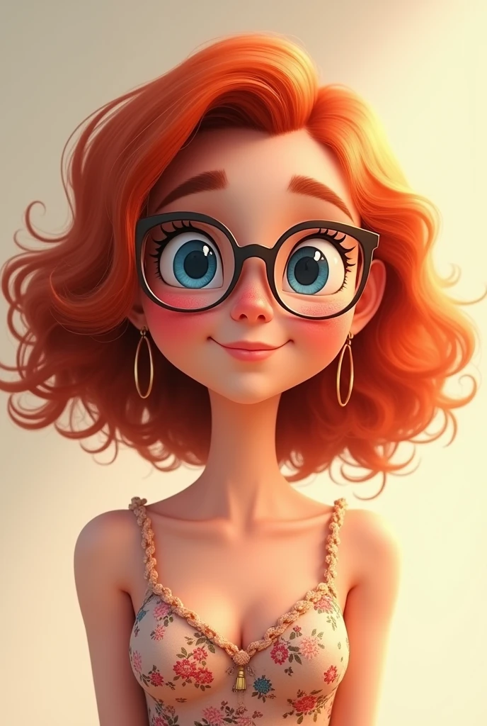 Red curly hair, medium length hair, woman, round bottom glasses, animated, smile, blue eyes, small neck, round face, High Resolution, pretty dress, adult, Closed Mouth smile