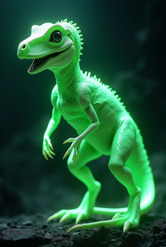 An alien velociraptor, bright green colors, glowing, realistic, ultrahd, detailed