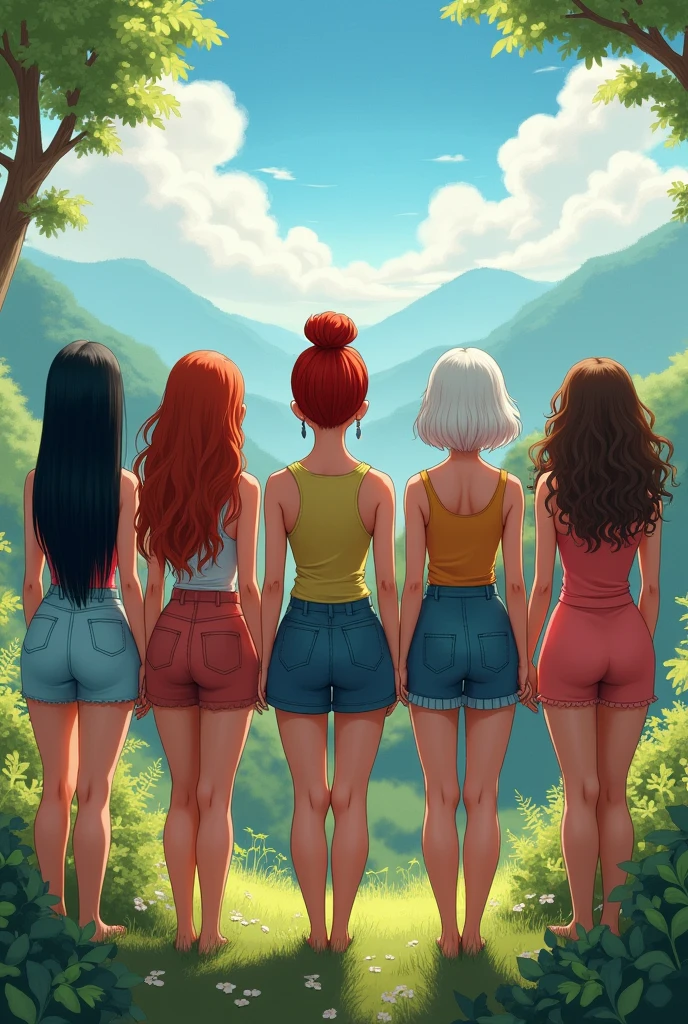 5 women with their backs turned, one thin with long, waist-length, black straight hair next to her, another thin woman with a bun of red hair next to her, a short fat lady with pixie cut white hair next to her a thin woman with waist-length light brown half-curled hair next to her ,another fat woman with long curly hair all with her back turned in a beautiful landscape all with her back turned
