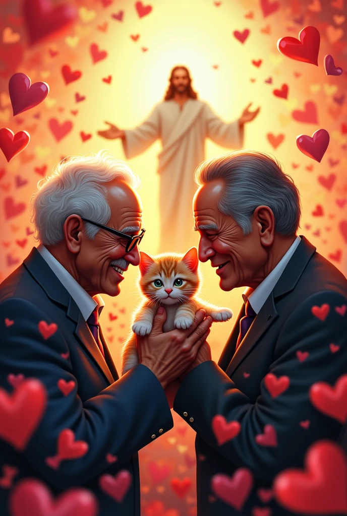 Make an image of a kitten being hugged by two old men, the president of Brazil, Lula, and the former president of Brazil, Jair Bolsonaro. Love. Sorry for shaking my ass for your father. It&#39;s involuntary. He&#39;s square and I love geometric shapes.!!!"...and there must be several hearts in the image and in the background there must be Jesus blessing them and write this on the image in English love sorry for shaking my hips for your father it&#39;s involuntary he&#39;s square and I love geometric shapes!!