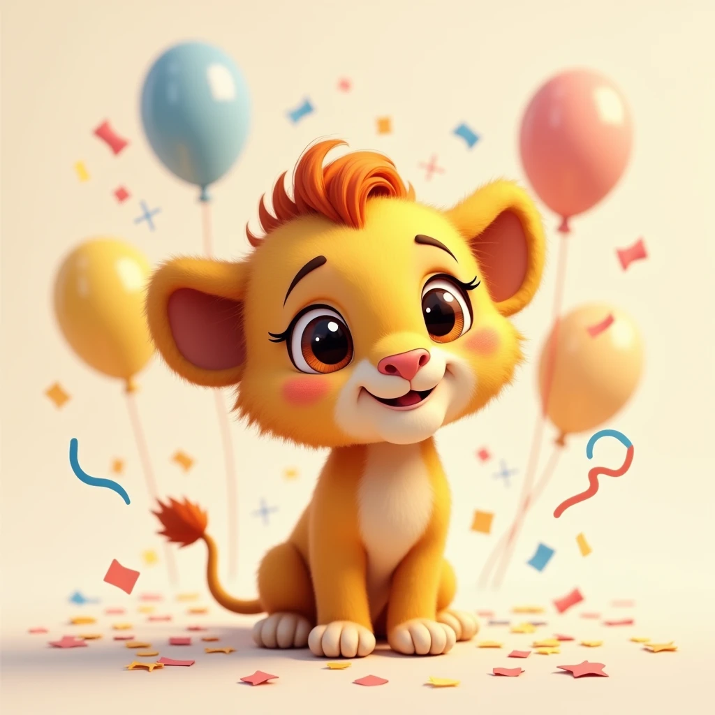 (best qualityer, work of art), 1 cute cartoon baby lion, light background, , animation, fluffly, birthday balloons in the background, confeti, art in the square dimension