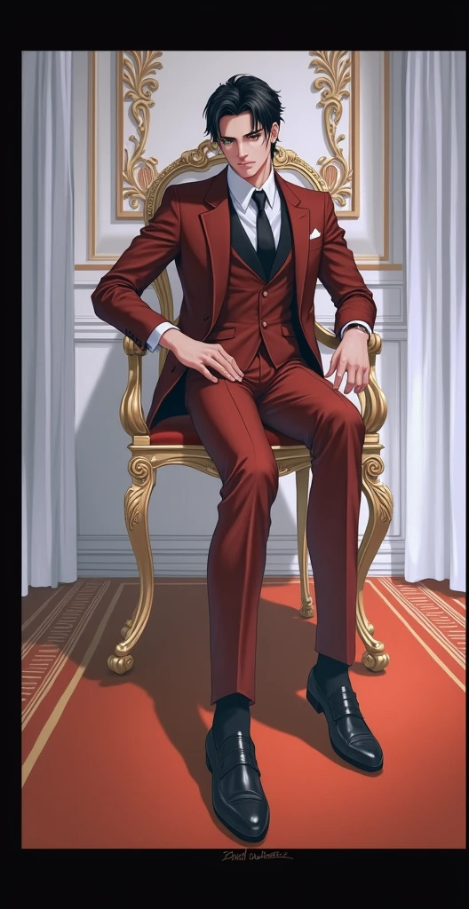(Manhwa:3.2) Black Hair, Green Eyes, Handsome Face Red Suit, Black Tie, Royal Room Background, Sitting in a chair,
