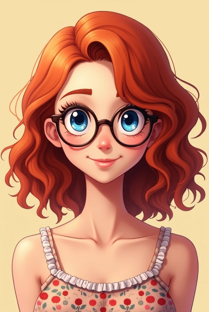 Red curly hair, medium length hair, woman, round bottom glasses, animated, smile, blue eyes, small neck, round face, High Resolution, pretty dress, adult, Closed Mouth smile