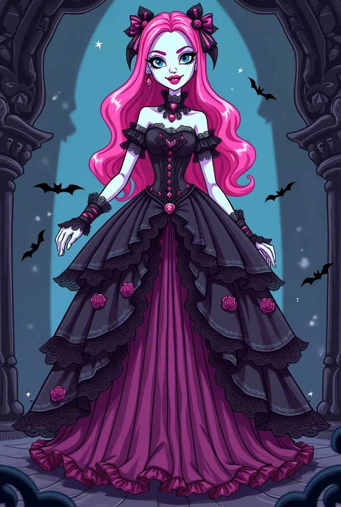 Create a redesign image for Draculaura [Monster High] using gothic and lolita style [Cartoon Style Full Body]