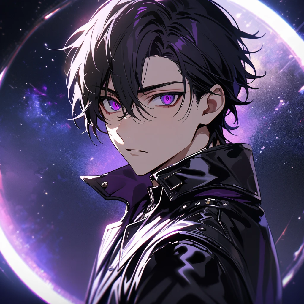 High quality, HD, 4k, no shadows, handsome male, handsome, extremly handsome, 1male, 1 male, teenager, pure black hair, short black hair, dark hair, black hair, jet black hair, sharp eyes, deep purple colored eyes, dark purple colored eyes, deep violet eyes, violet eyes, devil may cry, close up, calm expression, stoic expression, black leather clothes, black leather clothing, leather clothing, lean body, well trained body, upper body, looking at viewer, cowboy shot, white solar, space background