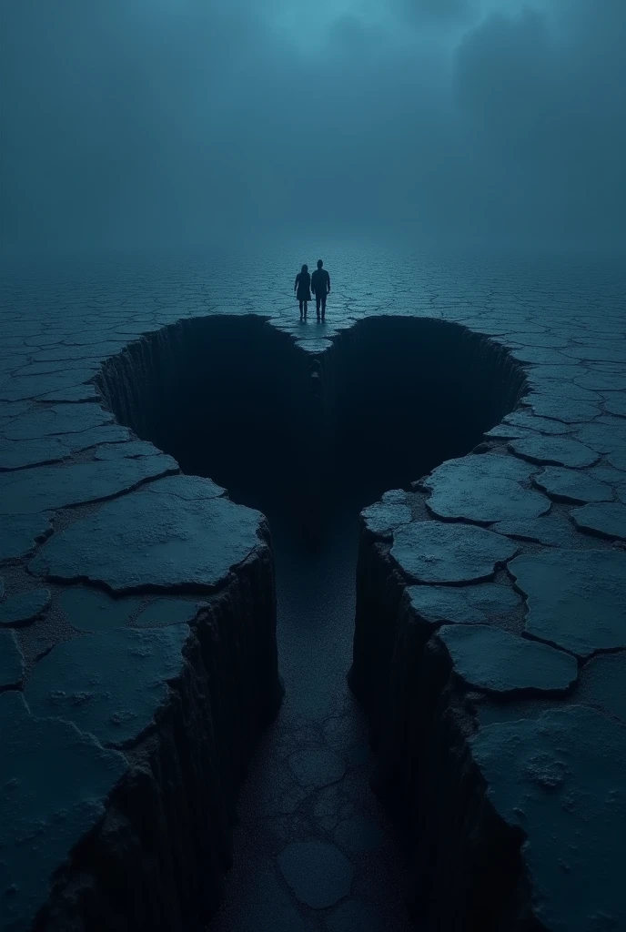 A realistic dark blue background with an image of an endless dark trench in form of a heart in the blue ground with people walking towards segmented ground