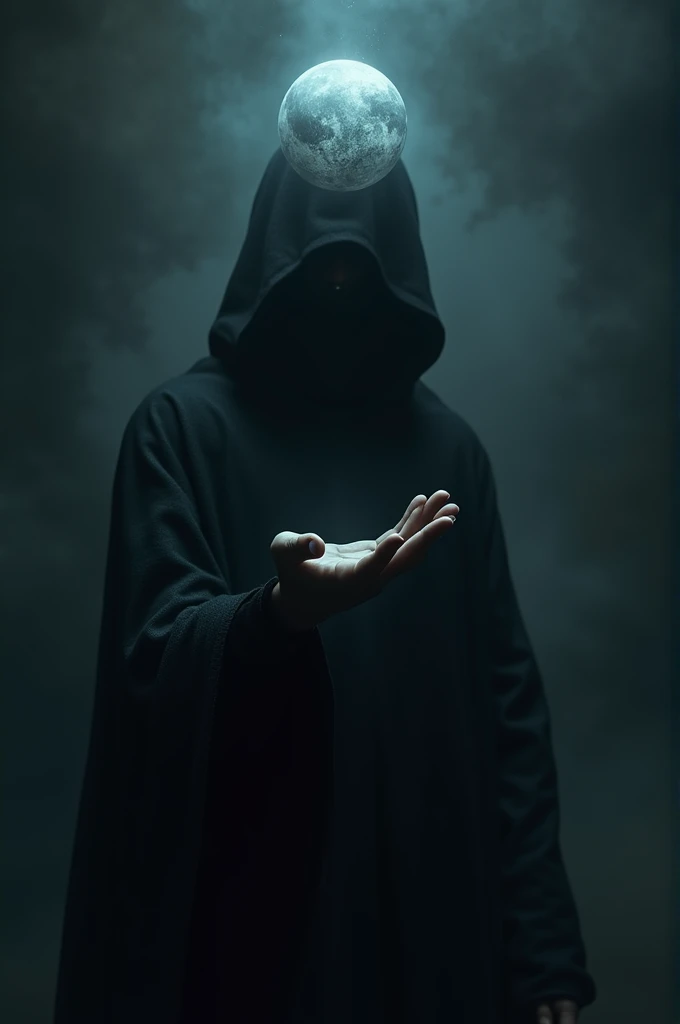 Shadowy looking character with right hand open with palm up, above the palm a planet