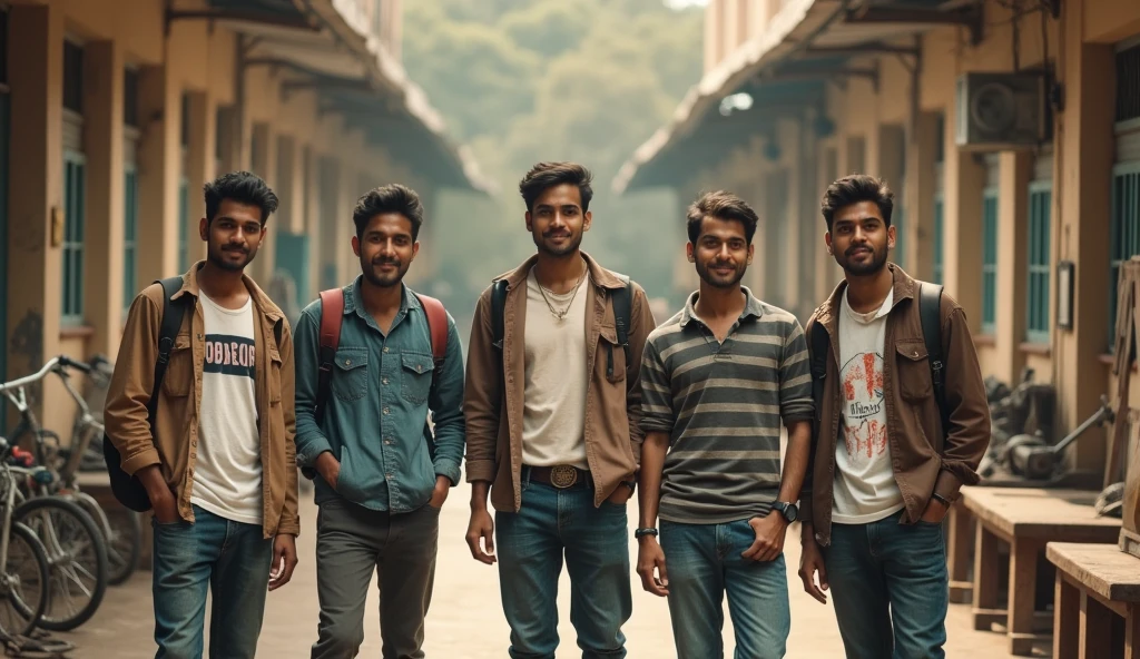 "Create a group photograph of 5-6 young Indian men from the year 2000, studying mechanical engineering in college. They're dressed in casual attire typical of the late 90s and early 2000s, blending traditional and modern styles. Their hairstyles reflect the era, and they exude confidence with friendly, approachable expressions. The setting is an old college campus, featuring vintage elements like wooden benches, old bicycles, and mechanical engineering tools scattered around. The photo has a warm, sepia-toned finish, evoking the nostalgic essence of early 2000s college life in India."