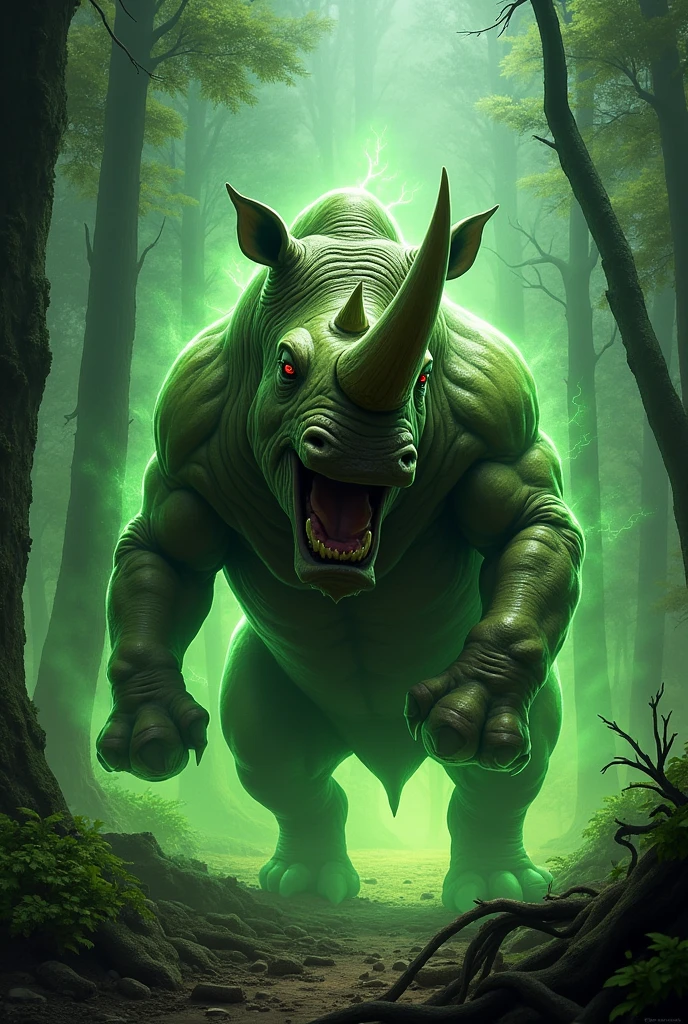 An angry rhino has become radioactive, in the forest, very angry, standing on its hind legs.