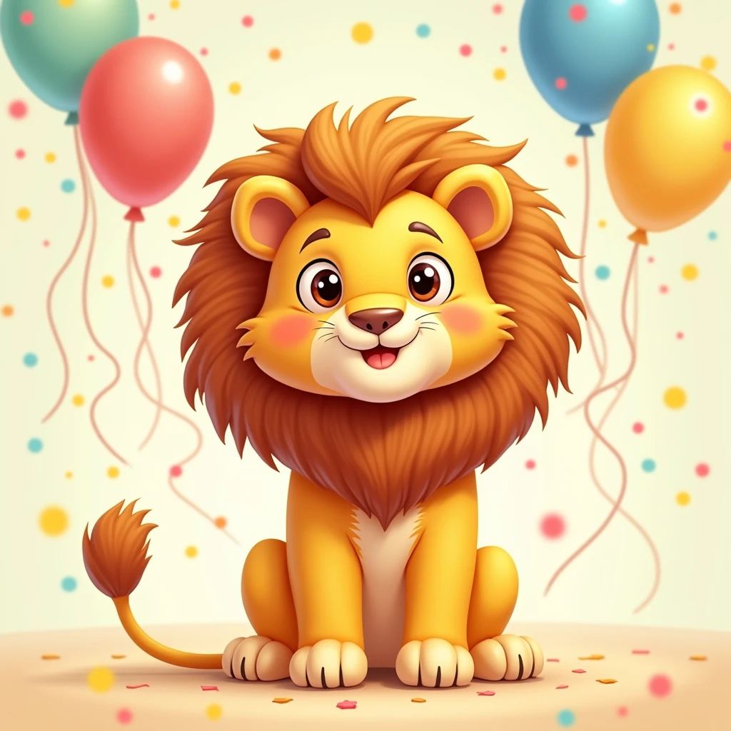 (best qualityer, work of art), 1 cute cartoon lion, light background, , animation, fluffly, birthday balloons in the background, confeti, art in the square dimension