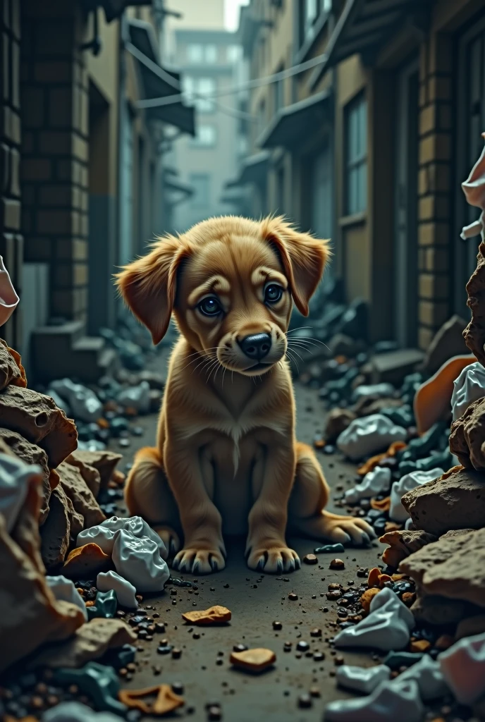 A sad puppy ,crying in the trash