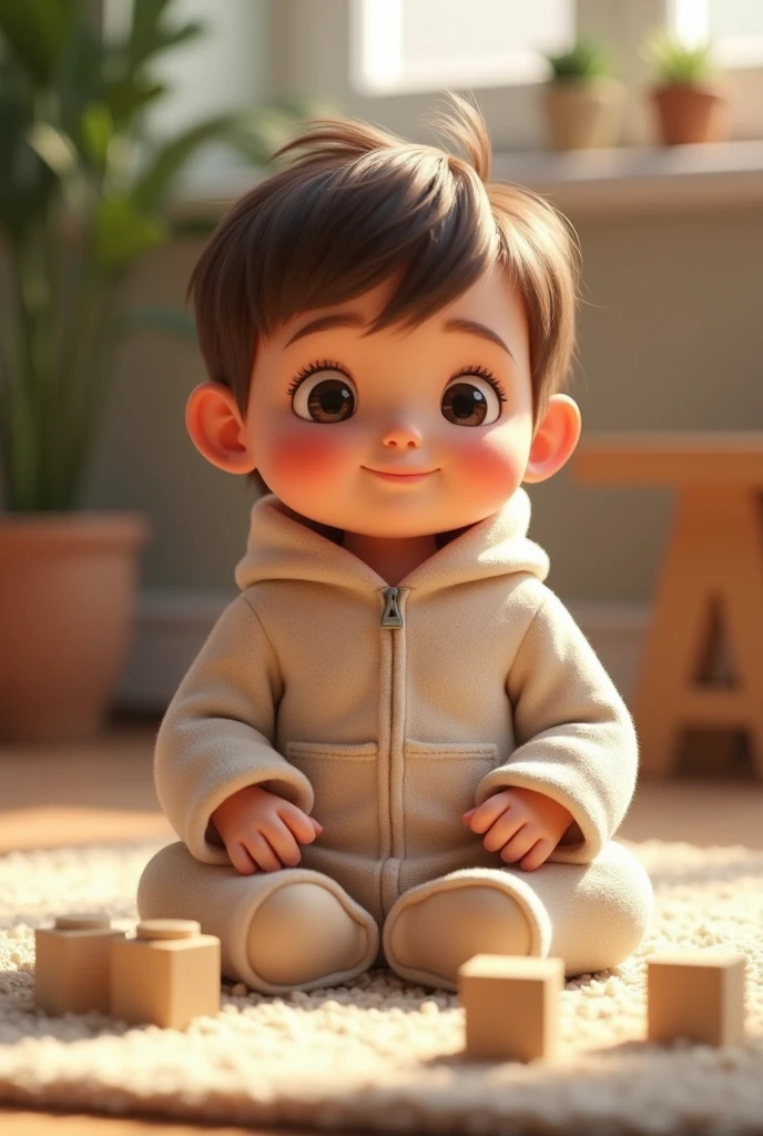 Create a 4K photorealistic image of a boy with big, thoughtful eyes and long lashes, smiling softly. He has full cheeks and is dressed in a soft, pastel-colored onesie. The photo captures him sitting on a rug with building blocks, his face lit up by the warm afternoon light. The image is taken with a prime lens (50mm f/1.2) to focus sharply on his face while blurring the background gently, emphasizing his imaginative expression. A slight zoom is applied to highlight the warmth and creativity of the scene. Ensure that his hands are visible with exactly five fingers. Negative prompt: No additional fingers, out of frame, lowres, text, error, cropped, worst quality, low quality, jpeg artifacts, ugly, duplicate, morbid, mutilated, out of frame, extra fingers, mutated hands, poorly drawn hands, poorly drawn face, mutation, deformed, blurry, dehydrated, bad anatomy, bad proportions, extra limbs, cloned face, disfigured, gross proportions, malformed limbs, missing arms, missing legs, extra arms, extra legs, fused fingers, too many fingers, long neck, username, watermark, signature.