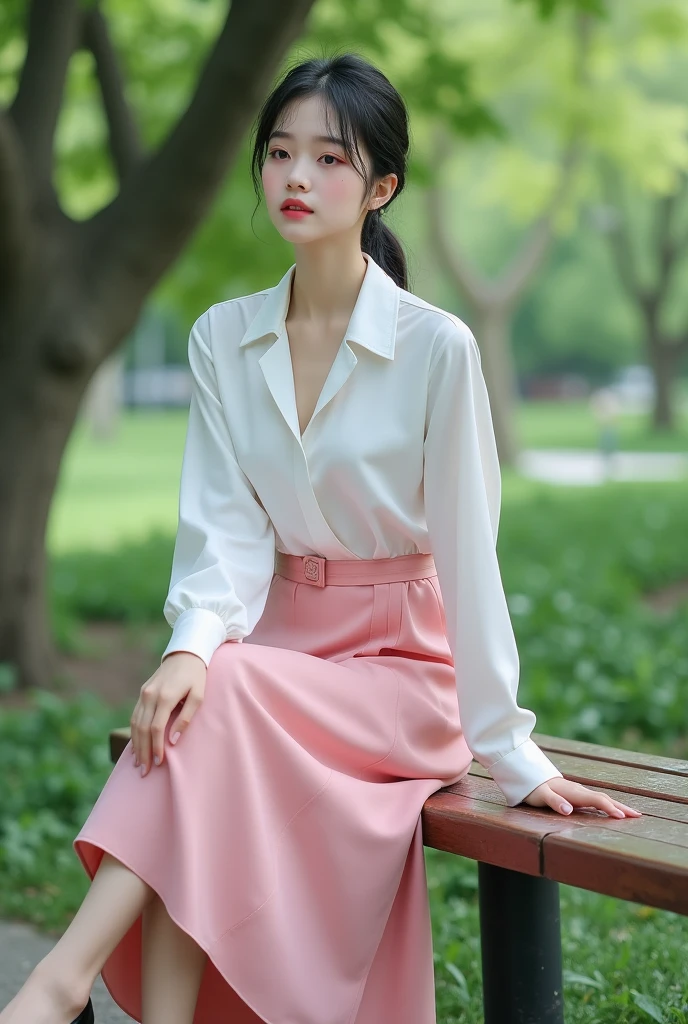 1japanese woman, white blouse, pink maxi skirt, skin color pantyhose, black low heel, low ponytail, sitting in bench, in park, smile, BREAK, full body shot, focusing face, BREAK, best quality, ultra high res, (photorealistic:1.4), RAW photo