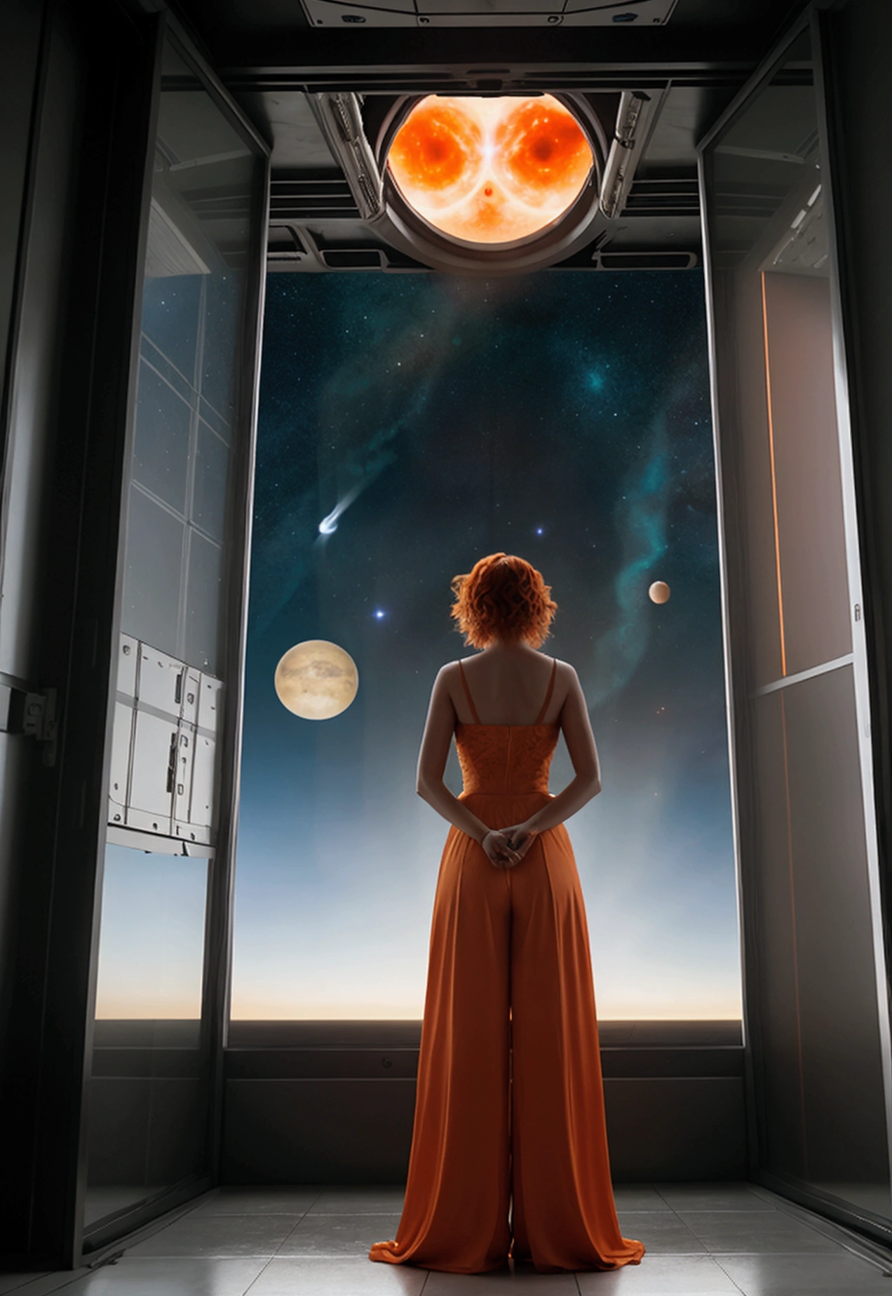 A beautiful 2 woman, short wild orange messy hair, dressed in a sexy jumpsuit, looking at camera, long skirt, standing in a floot of a big space station end before a window, Spaceship flying in the background, detailed and realistic with sun and planets and moons at more intense and dramatic