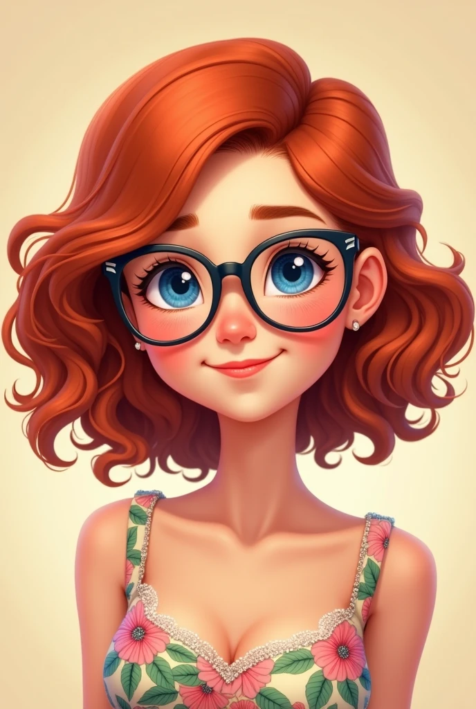 Red curly hair, medium length hair, woman, round bottom glasses, animated, smile, blue eyes, small neck, round face, High Resolution, pretty dress, adult, Closed Mouth smile