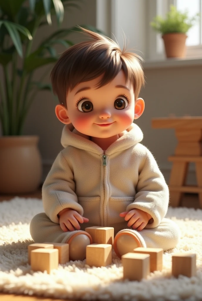 Create a 4K photorealistic image of a  boy named Néo with big, thoughtful eyes and long lashes, smiling softly. He has full cheeks and is dressed in a soft, pastel-colored onesie. The photo captures him sitting on a rug with building blocks, his face lit up by the warm afternoon light. The image is taken with a prime lens (50mm f/1.2) to focus sharply on his face while blurring the background gently, emphasizing his imaginative expression. A slight zoom is applied to highlight the warmth and creativity of the scene. Ensure that his hands are visible with exactly five fingers. Negative prompt: No additional fingers, out of frame, lowres, text, error, cropped, worst quality, low quality, jpeg artifacts, ugly, duplicate, morbid, mutilated, out of frame, extra fingers, mutated hands, poorly drawn hands, poorly drawn face, mutation, deformed, blurry, dehydrated, bad anatomy, bad proportions, extra limbs, cloned face, disfigured, gross proportions, malformed limbs, missing arms, missing legs, extra arms, extra legs, fused fingers, too many fingers, long neck, username, watermark, signature.