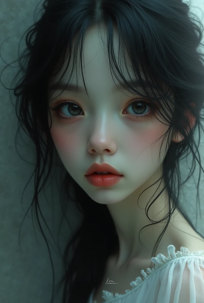 Create for me a colorless picture in that picture there is a girl with a face as beautiful as a fairy but always has a sad expression. And there is a signature in English.:Even a beautiful flower has its dark side..