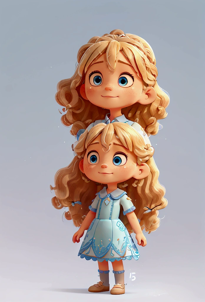 A girl she has curly blonde hair that falls to her shoulders and bright blue eyes. She wears a light blue dress with silver details and a simple silver crown, white background, full body.