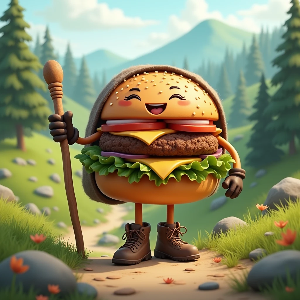 A hamburger with arms and legs wearing hiking boots and a wooden stick.