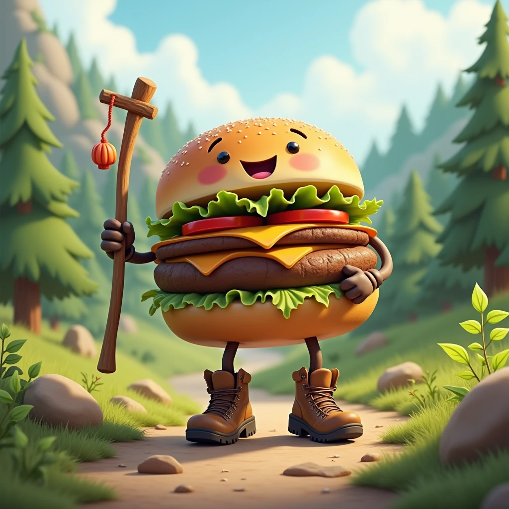 A hamburger with arms and legs wearing hiking boots and a wooden stick.