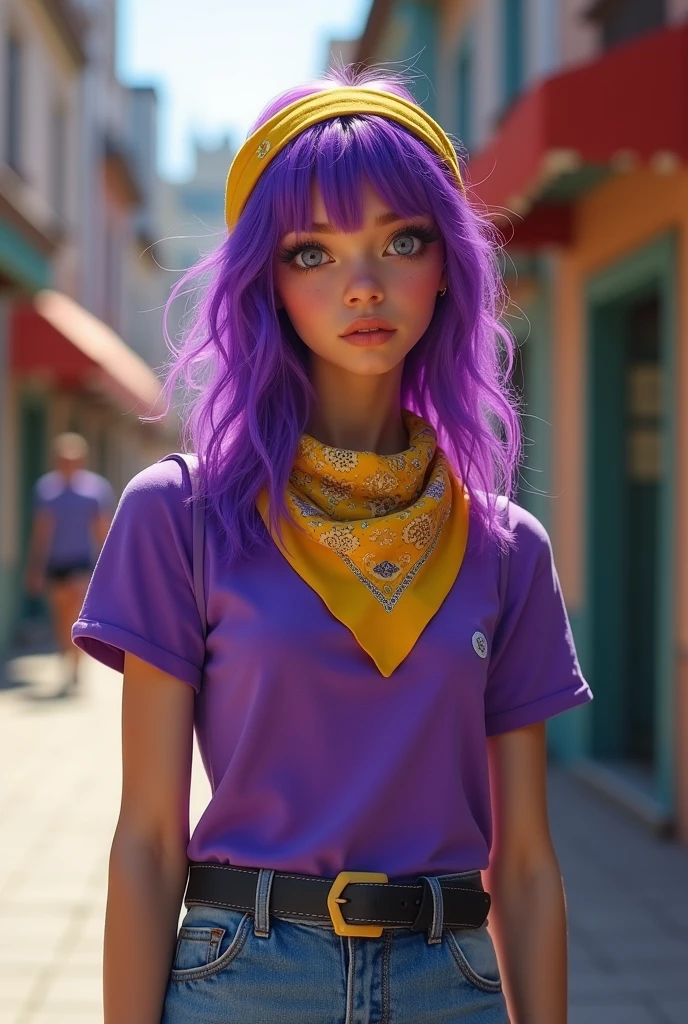 A BRUNETTE adult with completely PURPLE hair a yellow bandana purple t-shirt is cause jeans