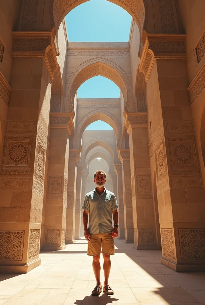 Man wearing summer shirt and summer shorts looking at Saadian Tombs very realistic giant