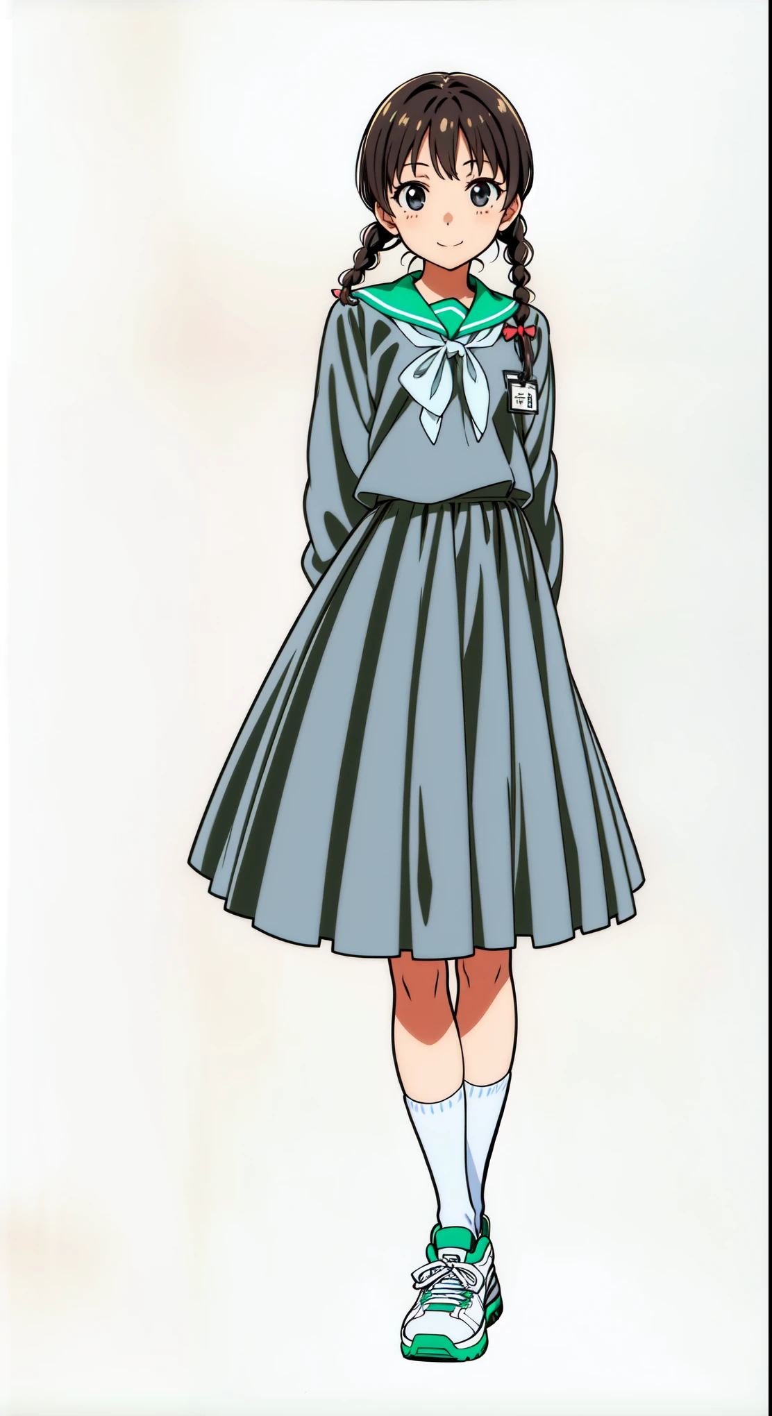 (white background:1.0), (best quality:1.0), (masterpiece:1.0), (super fine illustration:1.0), (beautiful artwork:1.0), (anime screencap:1.0), (official art:1.0), (full body:1.0), (solo:1.0), (a 14yo cute girl:1.0), (long skirt:1.0), (dark blue skirt:1.0), (pleated skirt:1.0), (dark blue sailor uniform:1.0), (long sleeve sailor uniform:1.0), (name tag:1.0), (sneakers:1.0), (white socks:1.0), (ideal ratio body proportions:1.0), (lanky:1.0), (tall:1.0), (slender:1.0), (small breasts:1.0), (smaller face:1.0), (tareme:1.0), (smile:1.0), (cheerful:1.0), (detailed beautiful eyes:1.0), (detailed beautiful face:1.0), (glowing black eyes:1.0), (short hair:1.0), (swept bangs:1.0), (twin braids:1.0), (black hair:1.0), (standing:1.0), (looking at viewer:1.0)