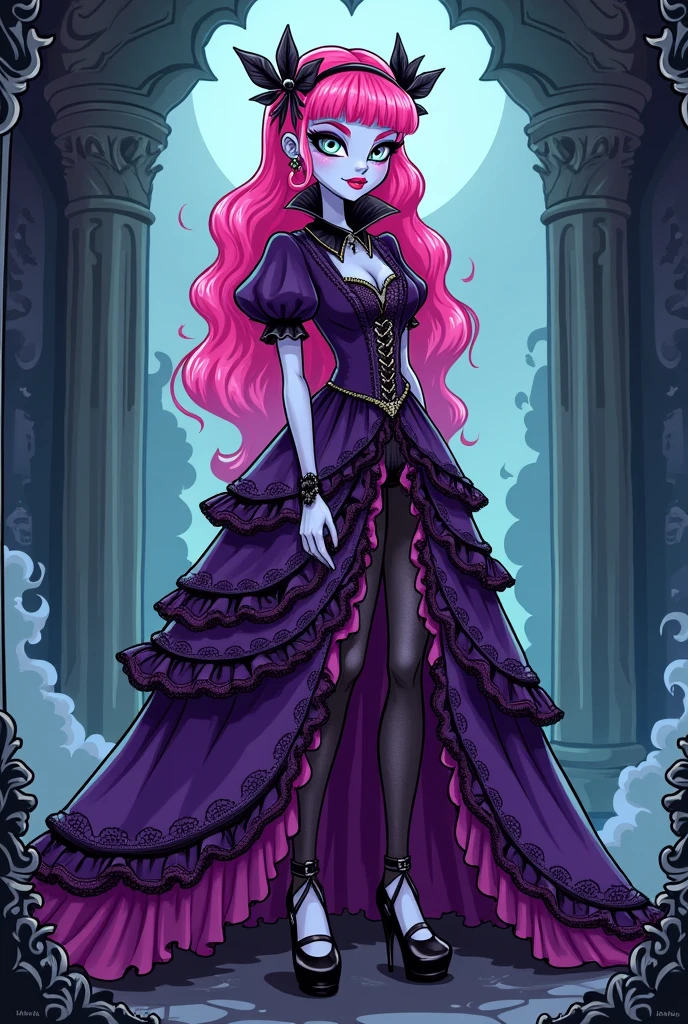 Create a redesign image for Draculaura [Monster High] using gothic and lolita style [Cartoon Style Full Body]