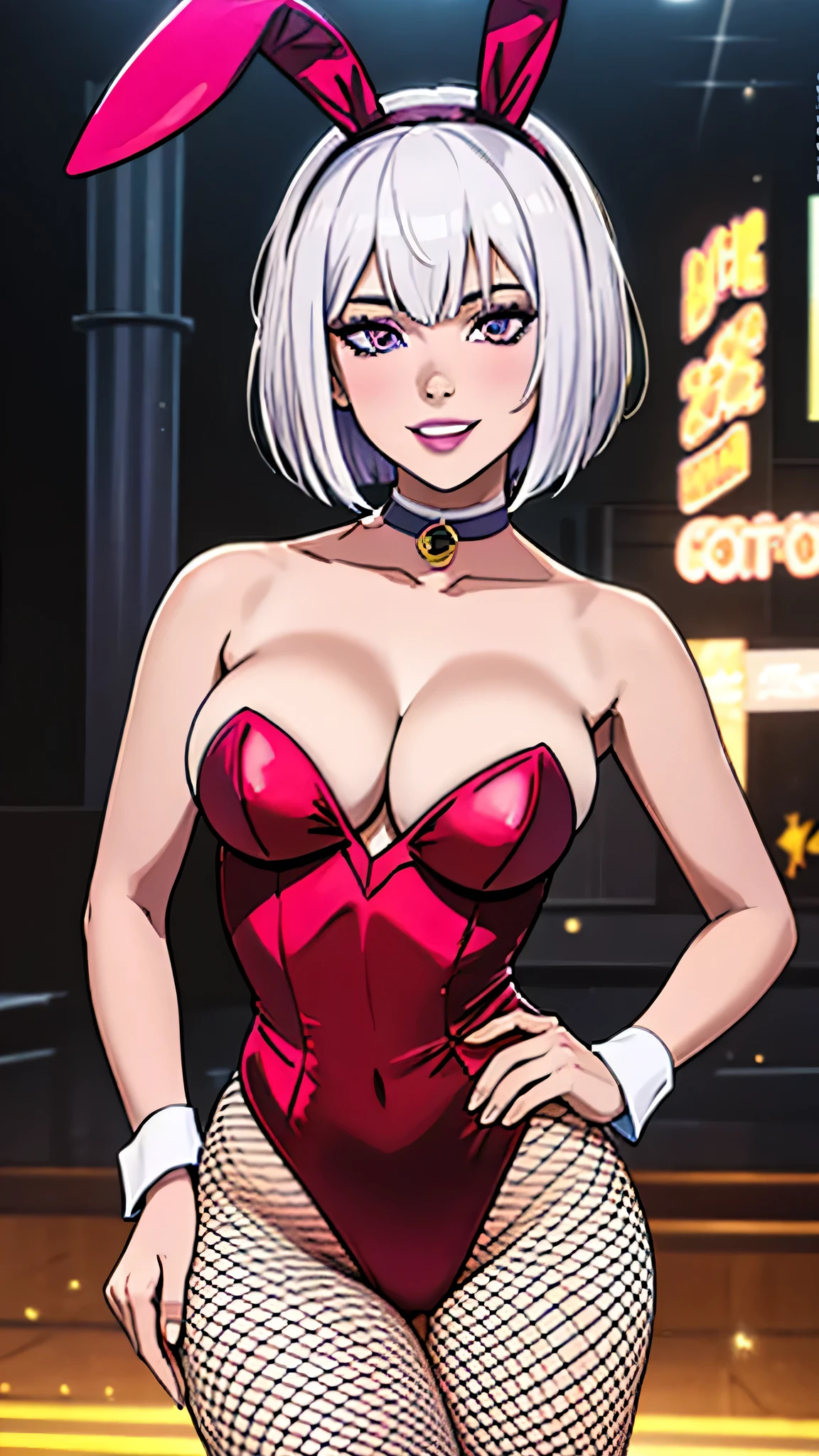 masterpiece, absurdres, (intricate details), (colorful),cinematic lighting, bust shot, extremely detailed CG unity 8k wallpaper, 1girl, white hair, short wavy hair, bob cut, purple eyes, light smile, parted lips, average breasts, cleavage, fake animal ears, choker, red leotard, playboy bunny, fishnet pantyhose, smile, looking at viewer, cowboy shot, hand on hip, sexy, sciamano240 style