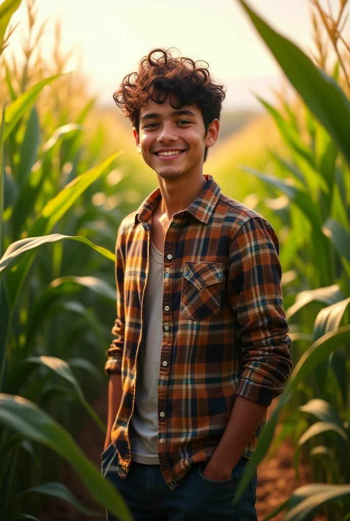 A Brazilian country boy in a plaid shirt, in a corn field and smiling