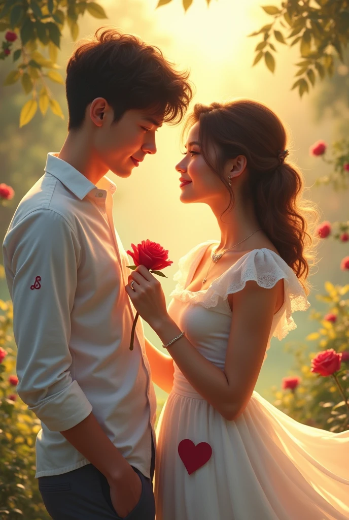 A beautiful boy propose a cute girl.the boy wear a white shirt and S letter on his shirt and the wear a white dress and F letter on his dress.the girls hear a rose