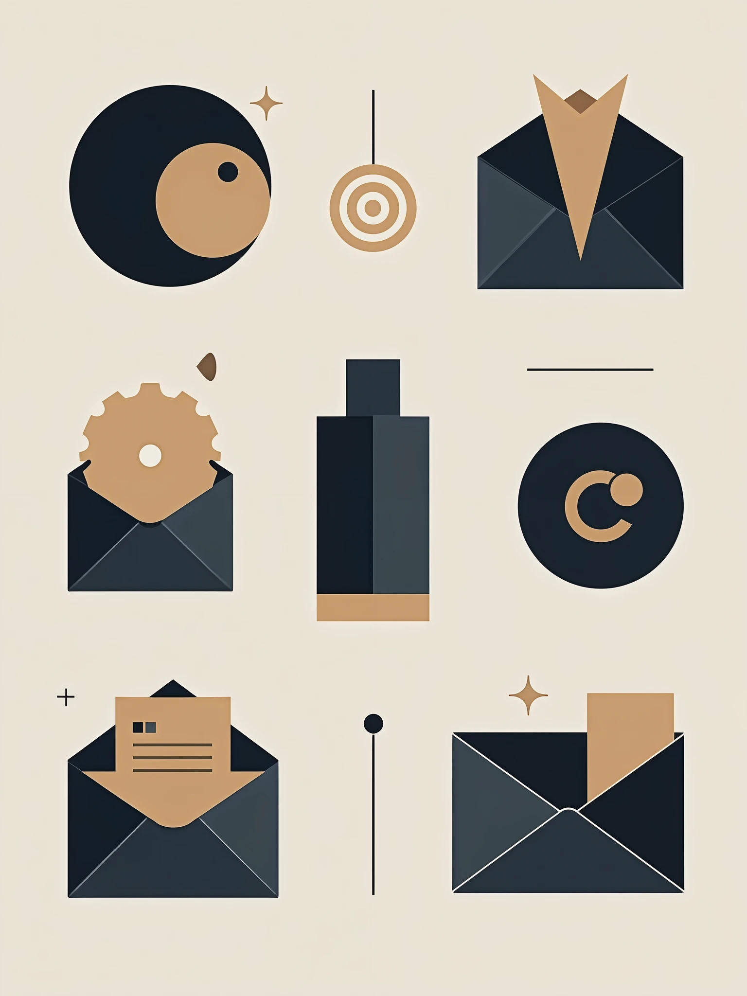 Create five prominent icons for the "Bomba" agency's Instagram profile. Icons must be visually impactful and aligned with the brand's sophisticated identity. Use the brand's color palette and maintain a cohesive, modern style. Features of Highlights: General Theme: Style: Modern, elegant and minimalist, with geometric shapes or stylized icons. Shape: Use clear and simple shapes that well represent the content of each highlight. Colors: Main Color: Black (#000000) for backgrounds or main elements. Accent Color: Gold (#C9B037) for accents and details. Secondary Colors: Navy Blue (#1A1A40) and Dark Gray (#2E2E2E) to complement. Additional Details: Silver (#C0C0C0) for subtle touches. Highlight Icons and Titles: 1. Start Here Icon: An icon of arrows or a pointing hand, symbolizing beginning or guidance. Color: Black background (#000000) with gold icon (#C9B037). 2. Portfolio Icon: An image gallery icon or folder, representing your work. Color: Navy Blue background (#1A1A40) with Silver icon (#C0C0C0). 3. Customers Icon: An icon of silhouettes of people or a group, representing customers or staff. Color: Dark Gray Background (#2E2E2E) with Gold icon (#C9B037). 4. Services Icon: A gear or tools icon, symbolizing the services offered. Color: Black background (#000000) with gold icon (#C9B037). 5. Contact Icon: An envelope or telephone icon, representing communication and contact. Color: Navy Blue background (#1A1A40) with Silver icon (#C0C0C0). Format and File: Format: Create the icons in a square format (1080x1080 pixels) and save in PNG to ensure transparency. Resolution: High resolution to ensure clarity at smaller sizes on Instagram. Design and Cohesion: Cohesion: All icons should have a consistent visual style to create a uniform, professional appearance. Readability: Ensure icons are clear and easily recognizable even at smaller sizes.
