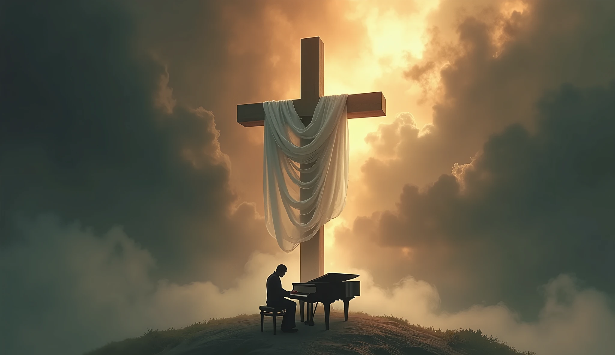 a pianist playing piano in middle, The image depicts a powerful scene with a solitary wooden cross, standing majestically atop a platform surrounded by swirling mists. A white cloth is draped over one arm of the cross, catching the light from within the structure, which shines outward, piercing the surrounding darkness. The atmosphere is ethereal and mystical, set against a red rose of a dark, stormy sky, suggesting a moment of divine significance or spiritual revelation. The overall mood is solemn and awe-inspiring, evoking a sense of reverence and mystery.