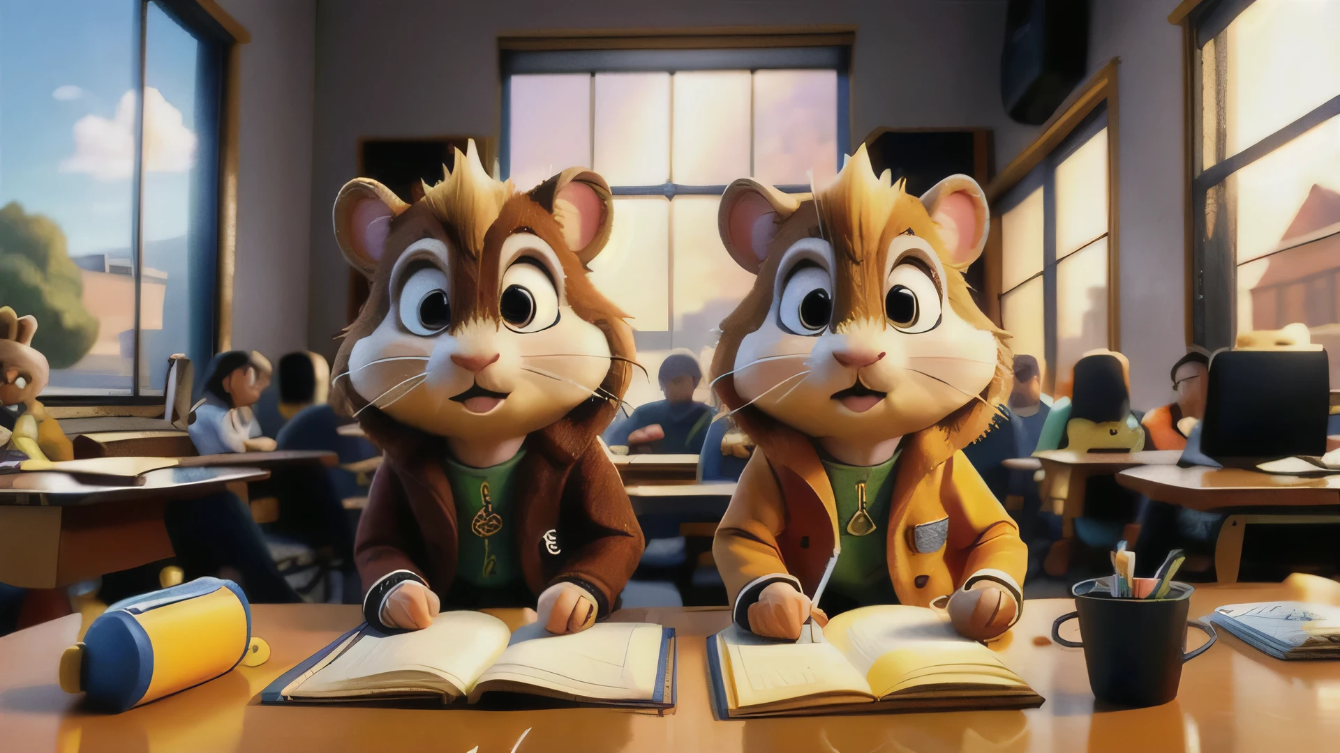 2 young hamsters from hamster kombat game are sitting it the typical russian classroom, dressed in school uniform, one hamster is happy to tapping smartphone in his hand, second hamster is very sad and writing notes. the bitcoin rain is going out the classroom window