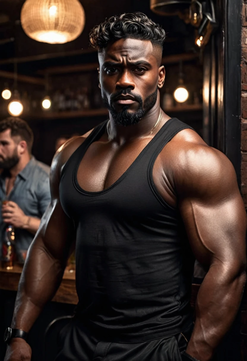 a man, An imposing figure at a night party, standing in a dark corner of the party, wearing a bar bouncer's outfit with black clothing that hugs his massive muscles. The person has intelligent, deep-set dark brown eyes, with thick, detailed black skin. His body is stocky and muscular, with evident strength in his arms and torso, and his hair is thick and black, falling in heavy curls around his head. He is masculine and extremely handsome. The expression is serious and focused, with a broad face and strong jaw. The scene is lit dramatically, with a cinematic composition, a dark color palette and earth tones, party lights that create striking shadows, and an atmospheric haze that adds depth. The figure is impressive and powerful, depicted in an ultra-realistic and detailed manner (best quality, 4K, 8K, high resolution, art: 1.2), with a realistic and photorealistic appearance (photorealistic: 1.37)."
