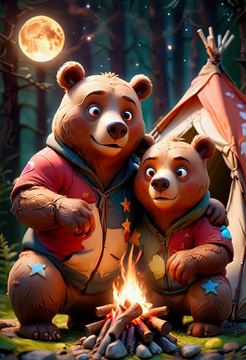 Brown Bear, 2 cute brown bears around a 🔥 cozy campfire roasting marshmallows, full moon and stars in sky, forest background with tent at campsite. 8k resolution trending on Artstation, vivid and deep colors, intricate detailed fantasy illustration, HDR, beautifully shot, sharp focus, megapixels, perfect composition, high contrast 3D, masterpiece, best quality, very aesthetic, absurdres