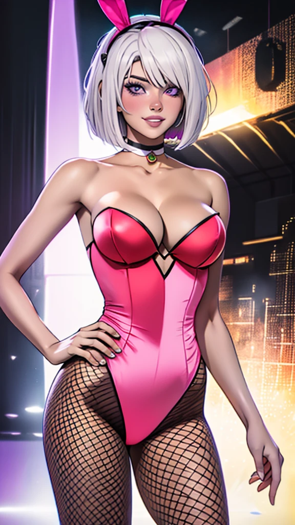 masterpiece, absurdres, (intricate details), (colorful),cinematic lighting, bust shot, extremely detailed CG unity 8k wallpaper, 1girl, white hair, short wavy hair, bob cut, purple eyes, light smile, parted lips, average breasts, cleavage, fake animal ears, choker, red leotard, playboy bunny, fishnet pantyhose,  smile, looking at viewer,  cowboy shot, hand on hip, sexy, sciamano240 style 