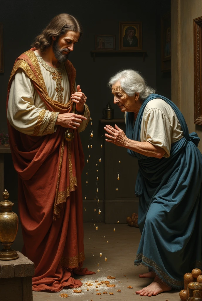 A old grandmother vomiting on jesus christ dress
