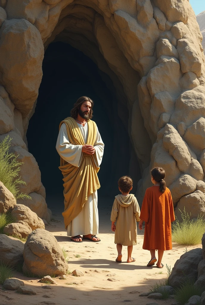 Jesus standing outside a cave waiting for a father&#39;s family, mother and two children walking towards him 