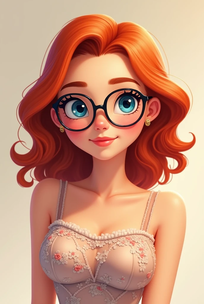 Red curly hair, medium length hair, woman, round bottom glasses, animated, smile, blue eyes, small neck, round face, High Resolution, pretty dress, adult, Closed Mouth smile