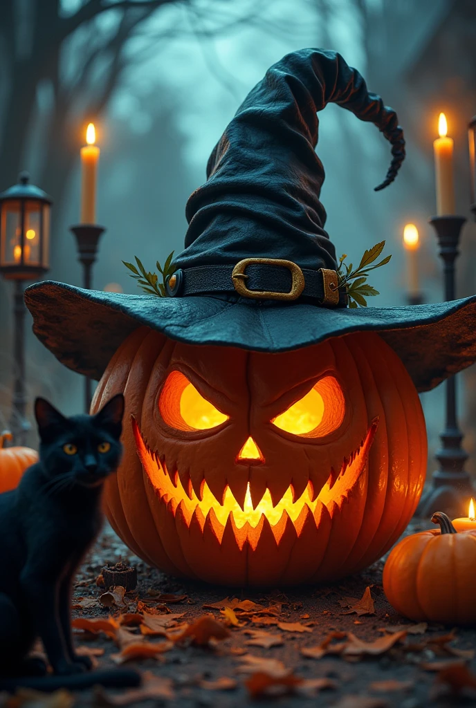  Design a spine-chilling Halloween scene featuring a large, orange pumpkin with a menacing, scary face. The pumpkin is adorned with a crooked, worn witch hat perched precariously on top. The setting is a spooky Halloween party, with eerie decorations like cobwebs, flickering candlelight, and shadowy figures in the background. The pumpkin’s face is carved with jagged teeth and glowing, intense eyes that cast a haunting light. Surround the scene with other Halloween elements such as black cats, skeletons, and dimly lit lanterns to enhance the sinister atmosphere.

