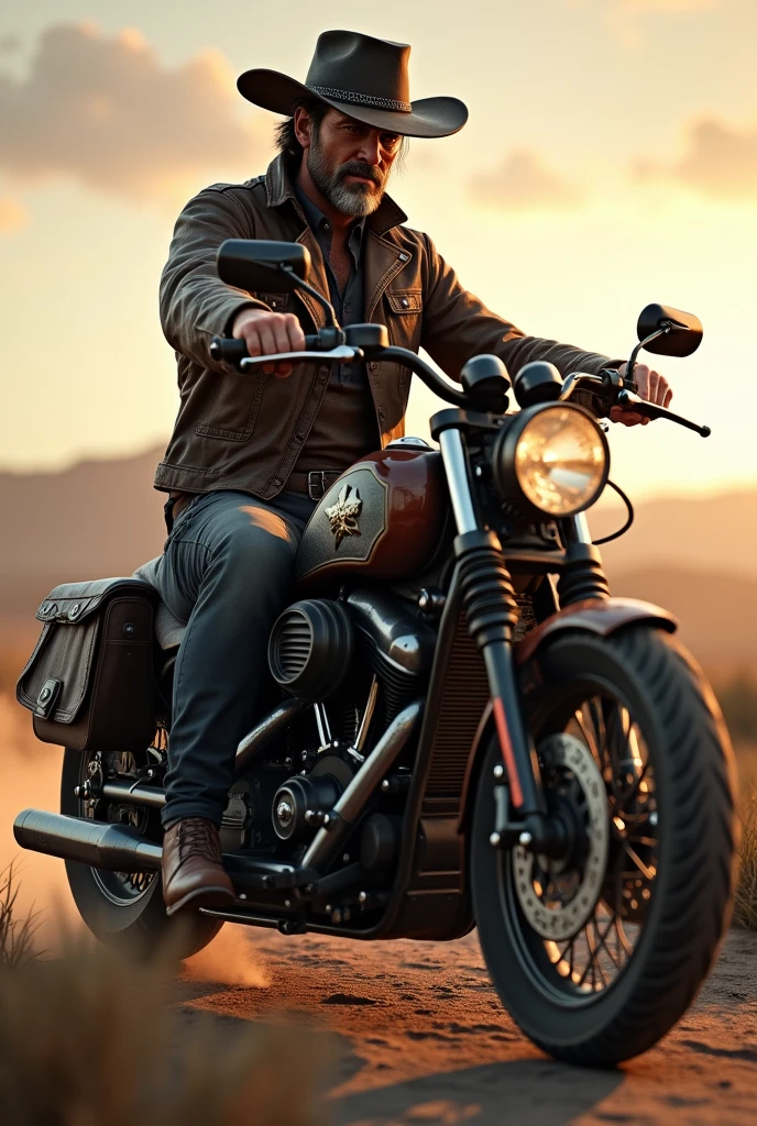 Arthur Morgan en una moto 