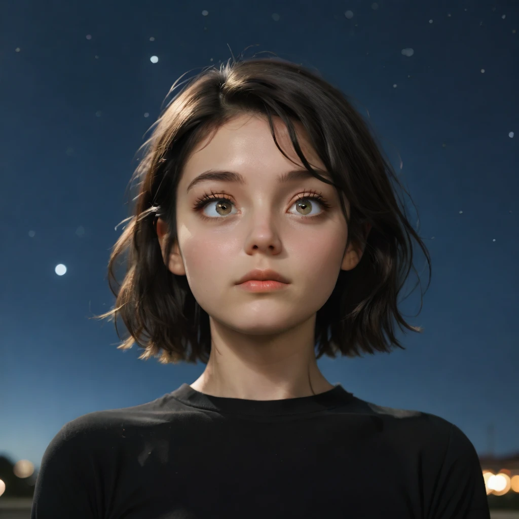A girl with a round face Doe eyes, Brown with a pinkish tone,with black hair and Chanel. She looks at the starry sky ,waiting for an answer from the universe.