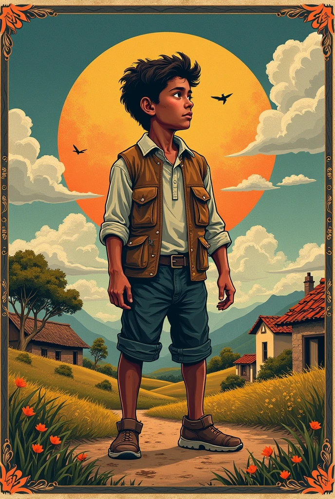 Cordel cover with a country boy in an unequal reality who dreams of having a better life