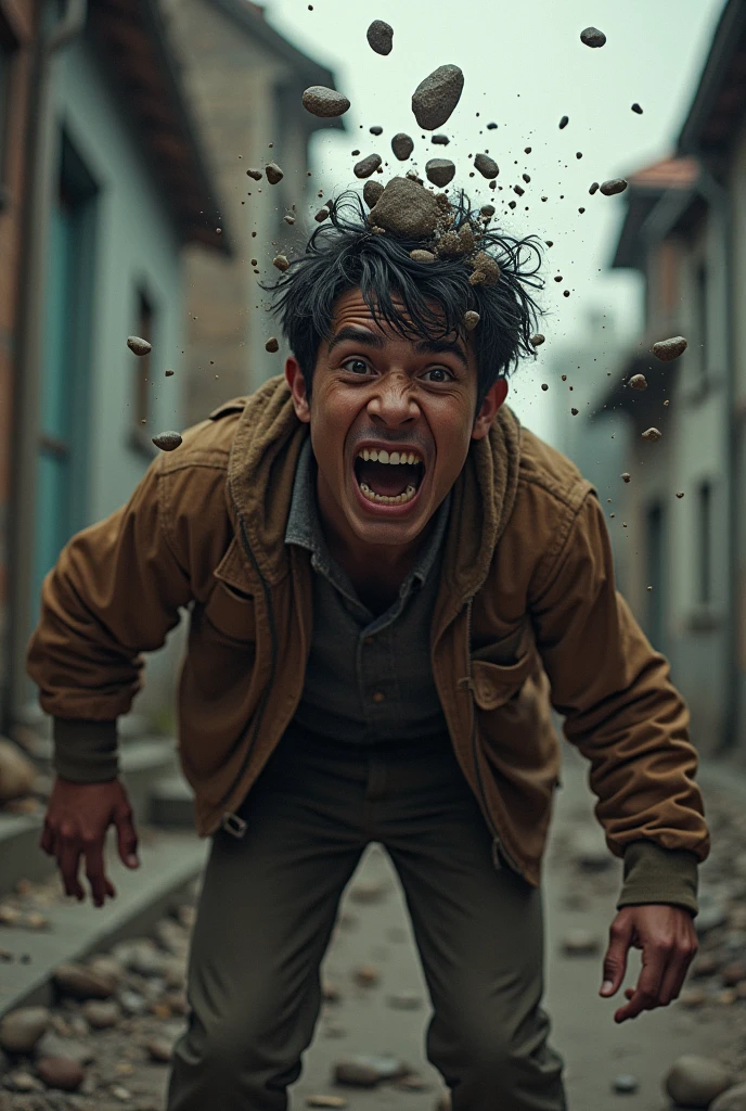 A stone hitting a young man head and falls down