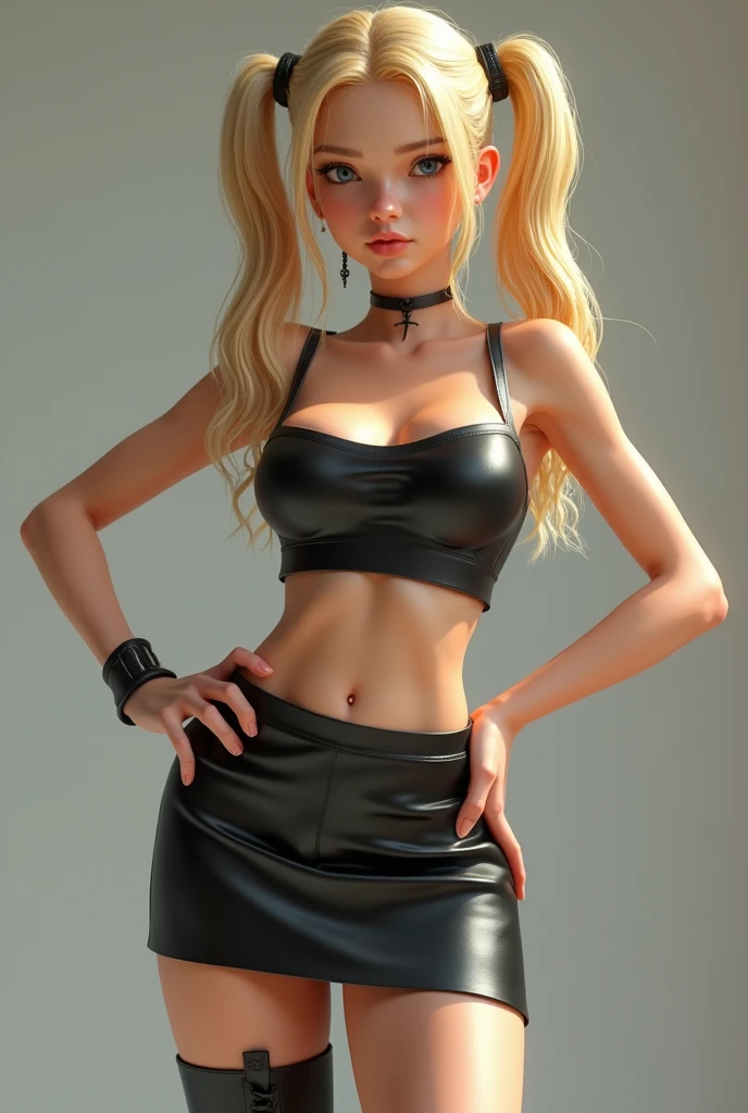 young teen, blonde pigtails, sexy pose, latex skirt, no shirt, boots, realistic, intricate details,