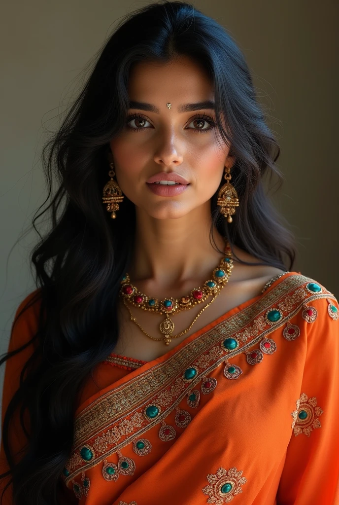 If you're looking for a description of a Gujarati woman, here is a respectful approach:

A Gujarati woman might have a radiant complexion, often with warm olive or dusky tones. She may have expressive dark eyes, often framed with thick lashes. Her hair could be long, dark, and lustrous, cascading down her back. In terms of traditional attire, she might wear a vibrant **saree** or **chaniya choli**, adorned with intricate embroidery and mirror work, reflecting the rich cultural heritage of Gujarat. Accessories such as bangles, a nose ring, and anklets might complement her look, adding to her traditional charm. Her overall appearance radiates grace and confidence, embodying a blend of modern style and cultural richness.

If you have a specific context in mind or need a different description, feel free to let me know!