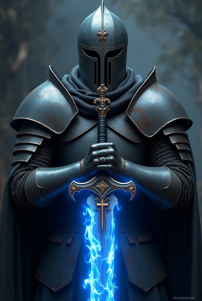 The image features a formidable knight clad in dark, weathered armor, emanating an aura of power and mystery. His face is hidden behind a rugged, metallic helmet with a narrow visor, revealing only a glimpse of his steely gaze. Atop his helmet, a small but distinct cross is etched into the metal, symbolizing his unwavering faith and dedication. The knight stands tall and resolute, gripping an intricately designed sword. The blade of the sword is enveloped in vivid blue flames, casting a cold, ethereal light. A golden cross is emblazoned on the blade, glowing brilliantly amidst the blue fire, signifying a divine power guiding his every strike. The surrounding darkness further accentuates the knight's commanding presence, portraying him as a relentless warrior, driven by both unyielding spirit and a sacred mission.