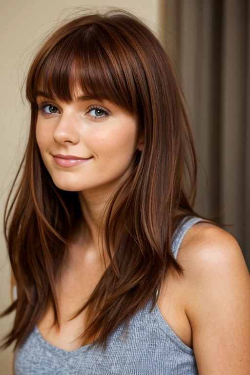 20 year old European woman, dark messy auburn hair, dimples, bangs